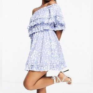 Parisian Off Shoulder Polka Dot Dress - Blue - Great Condition